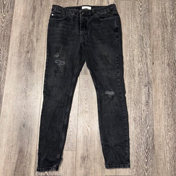 TOPMAN Men Stretch Skinny Premium Distressed Cotton Denim Jean - 36x32 Black - Picture 1 of 5